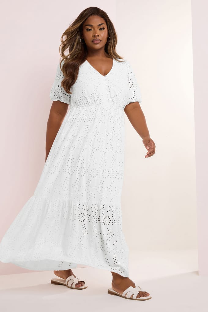 Yours Gelaagde Maxi Jurk Met Broderieontwerp In Wit Size 44