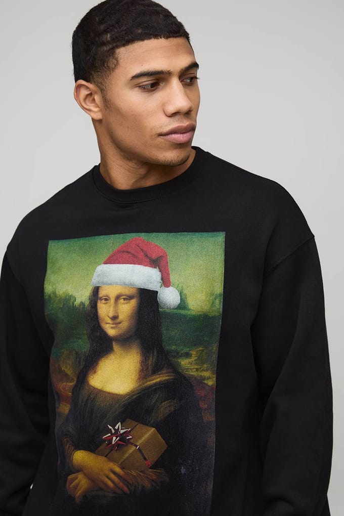Zwarte oversized Mona Lisa kerstlicentie-bedrukte sweatshirt | Black | Size Medium