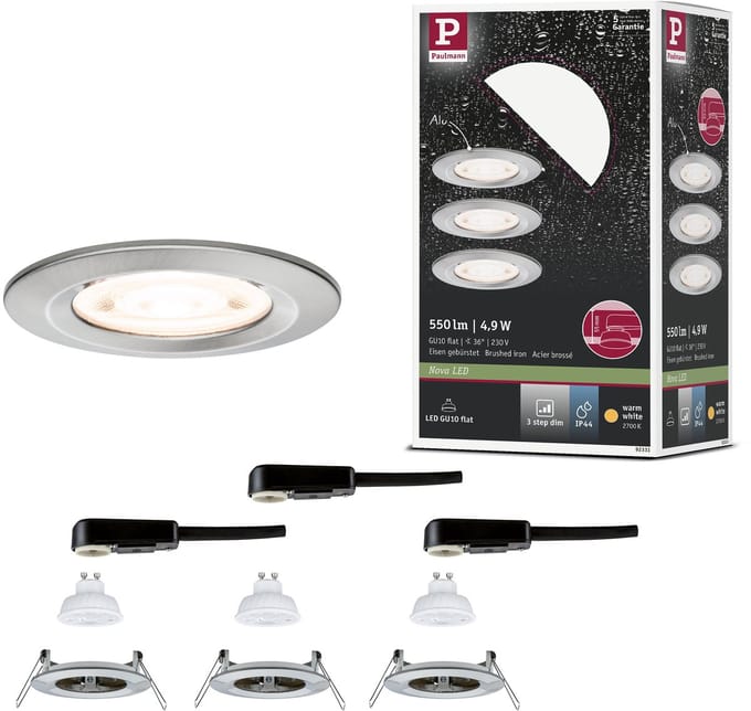 LED-inbouwlamp 3-Step-Dim Nova GU10 Flat stijf IP44 3x4,9W 3x550lm 230V dimbaar 2700K Staal geborsteld