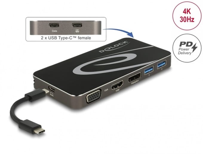 Delock USB Type-C™ 3.2 Dockingstation 4K HDMI DP / 1080p VGA, USB Hub und PD 3.0