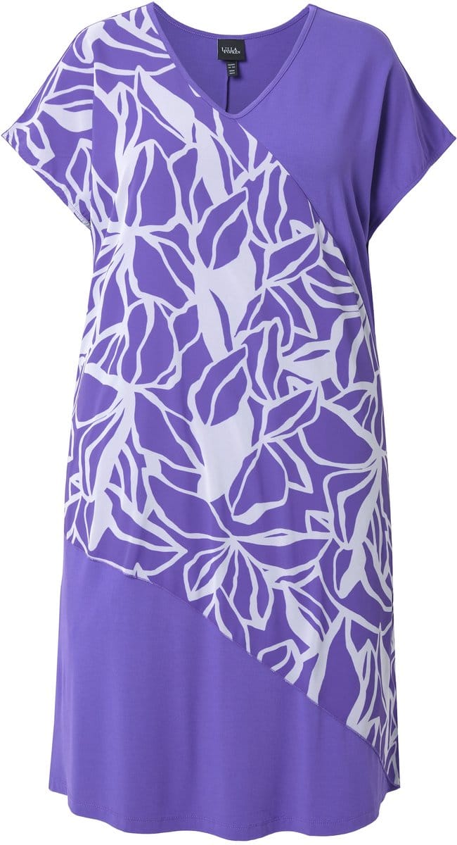 Ulla Popken - Dames - Jersey jurk chiffon overgooier V-hals korte mouwen - Purper - Maat 62+