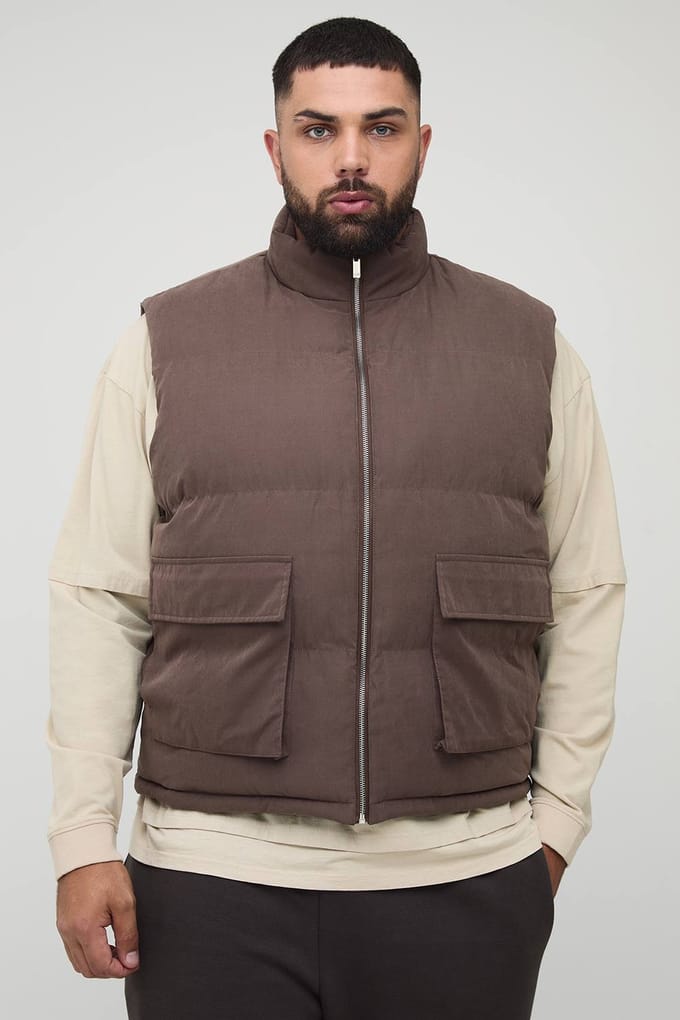 Plus Boxy Faux Suede Funnel Neck Gilet in Chocolate | Size 4XL