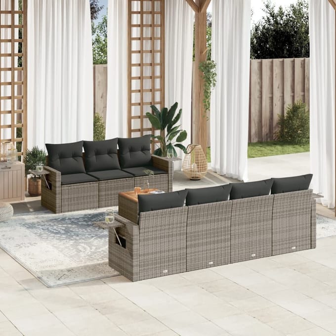 vidaXL - 8-delige - Loungeset - met - kussens - poly - rattan - grijs