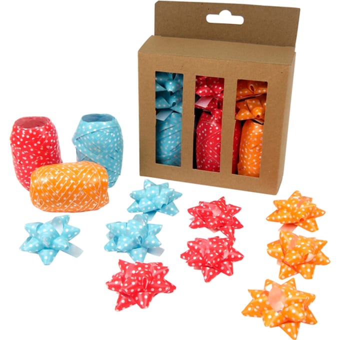 Krullint en strik rood/oranje/blauw 12 stuks