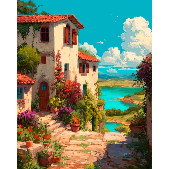 Diamond Painting - DP441 - Canvas op houten frame - Villa bij het Meer - 40 x 50 cm