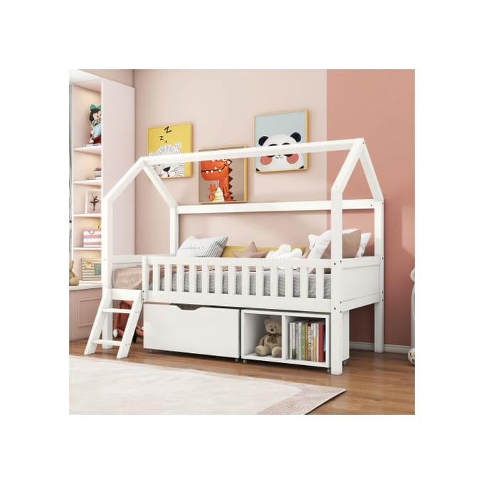Lit junior - MUVOE - 200x90 cm - avec tiroirs de rangement - barrières de sécurité - pin massif blanc blanc