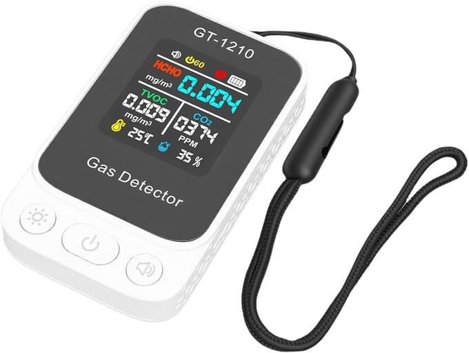 Luchtkwaliteitsmeter - Luchtkwaliteit Sensor - Binnenklimaat Checken - 5-in-1 Metingen - Draagbaar LCD Display - Wit