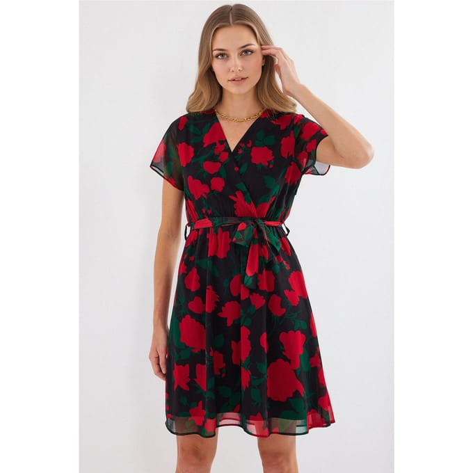 V-hals Bloeiende Mini Jurk met Striksluiting