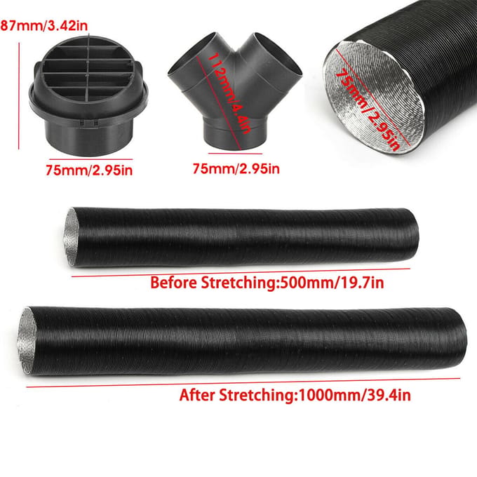 Compatibel met Webasto Diesel Heater 75mm Heater Pipe Ducting Y Branch Warmeluchtuitlaat Ventilatiekit gray