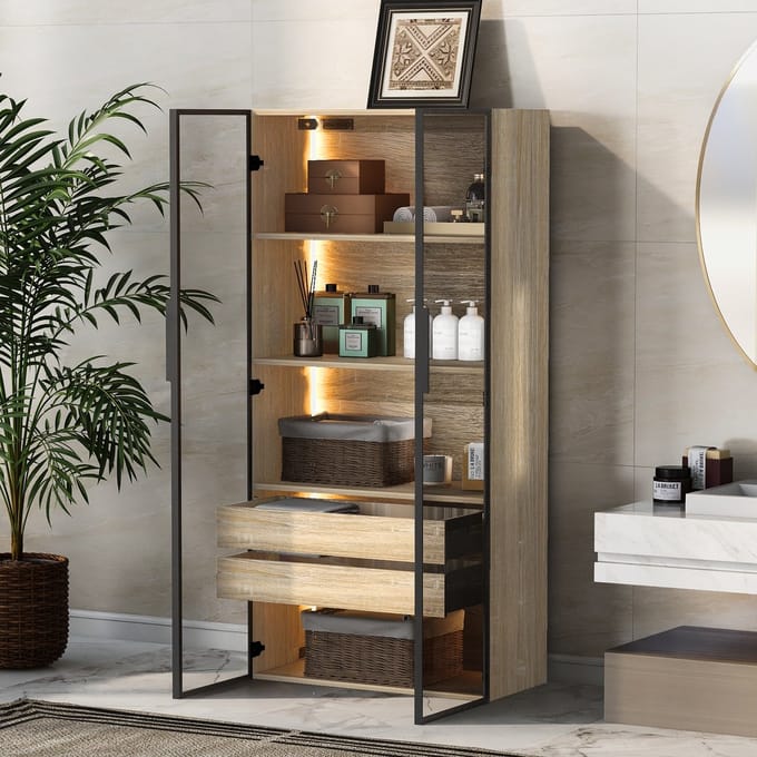 MODFU Opbergkast - Met Ledverlichting En Glazen Deuren - Modern - MDF - Naturel