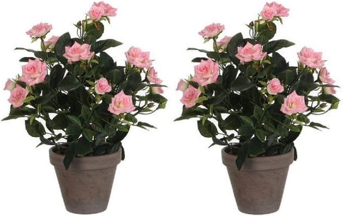 Mica Decorations Kunstplant - 2x - rozen - roze - in grijze pot - 33cm - kunst roos