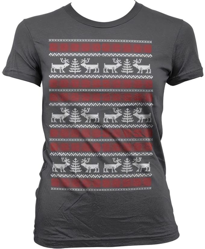 Dames Fun Tshirt -L- Christmas Knit Pattern Grijs