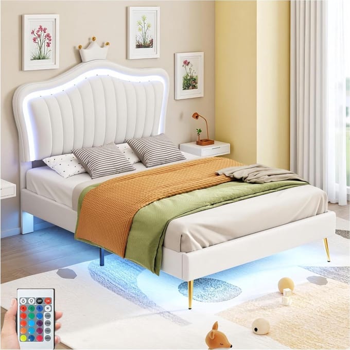 Kinderbed met LED - Hutbed met Kroon - Slaapkamer Decoratie - Schelpvormig Hoofdeinde - 90 x 200 cm - Wit