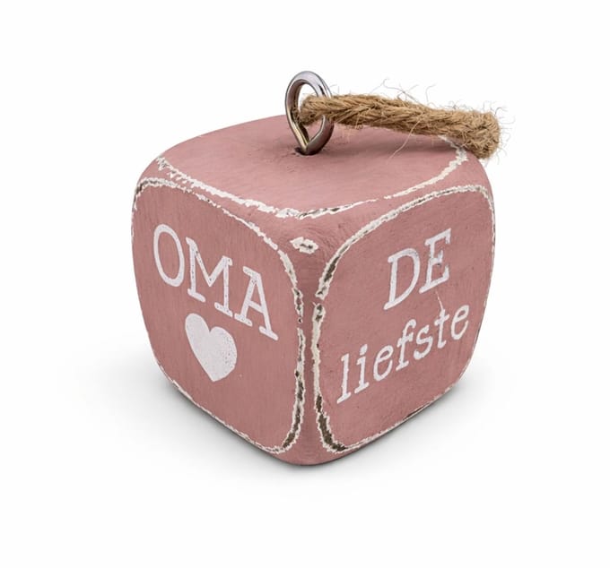 Dobbelsteen hanger 4,5x4,5cm oma de liefste roze
