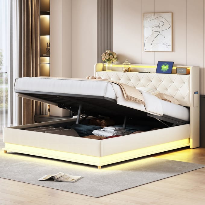 REDOM Opbergbed 160x200 cm – Linnen – Hydraulisch – LED & USB – Beige – 350 kg