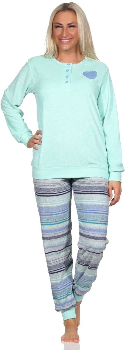 Normann Dames Terry Pyjama met Lange Mouw in Stripe Optiek - Ook in Oversizes