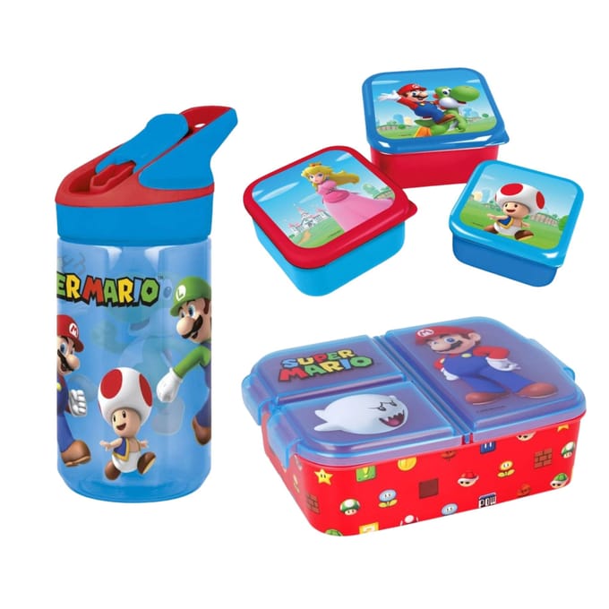 Super Mario lunchset; lunchbox, snackbox en drinkfles