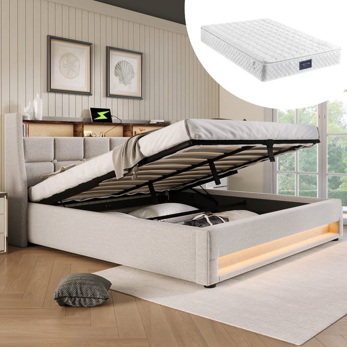 REDOM Bedframe met opbergruimte 140x200 cm – Linnen – LED & USB – Hydraulisch – Lichtbeige – 300 kg