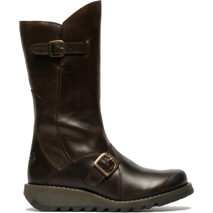 Fly London Dames Bruine MES 2 Wedge Heel Buckle Mid-Calf Leren Zip Platform Laarzen
