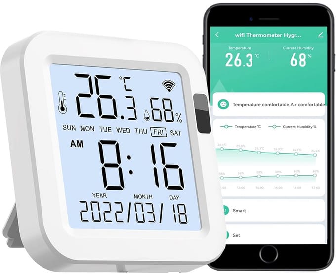 Slimme Temperatuur en Vochtigheidssensor met WiFi en App Meldingen