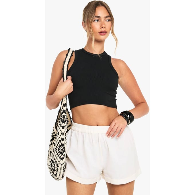 boohoo Dames Linnen Turn Up Shorts | Steen | Maat: 38