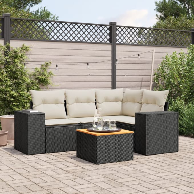 vidaXL - 5-delige - Loungeset - met - kussens - poly - rattan - zwart
