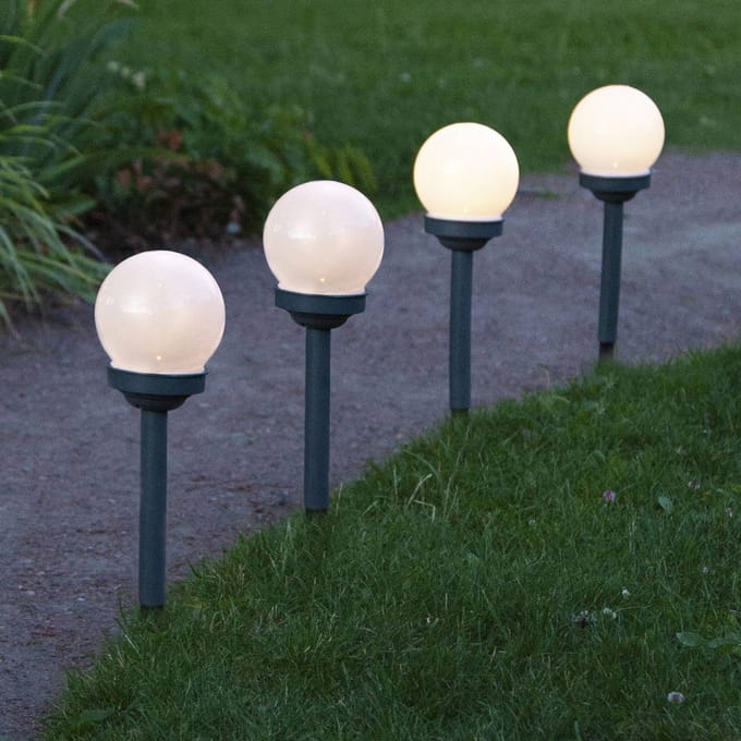Star Trading zonnepaaltjeset bol, 4 stuks, wit, LED, schemersensor, warm wit, buiten, 27 cm