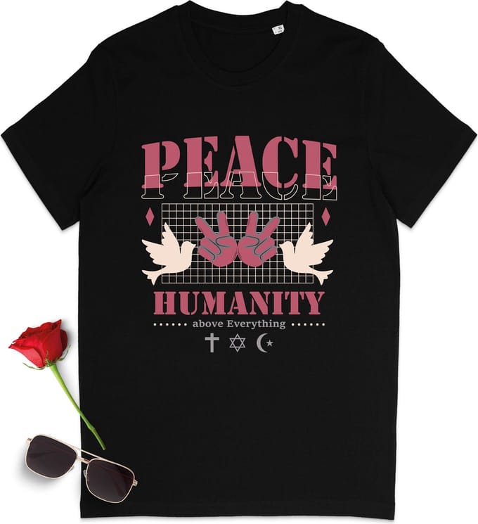 T Shirt Dames - Vrede voor de Mensheid - Zwart - Maat M