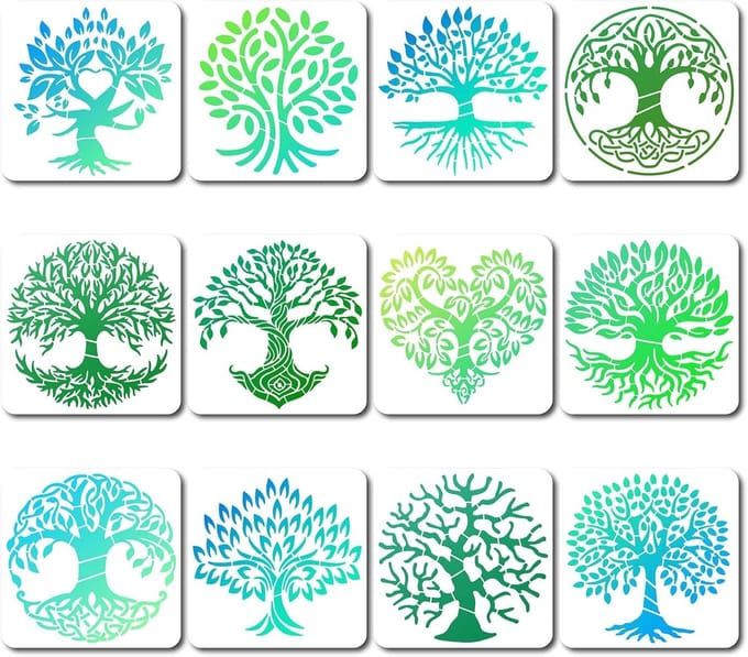 Set van 12 Levensboom Stencils voor Schilderen op Hout, Canvas en Muren