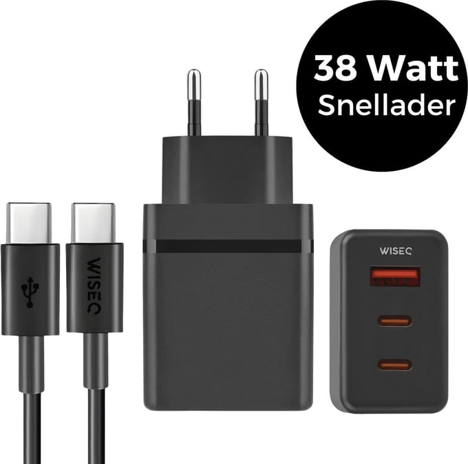 38W Snellader met USB C naar USB C Kabel 1M – Universele Adapter – 2x USB C + USB A Poort – Fast Charger – USB C Oplader - WiseQ