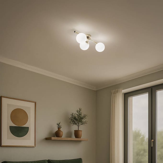 Domiluce Plafondlamp Drum, goudkleurig, 3-lamps, glas, lengte 46 cm