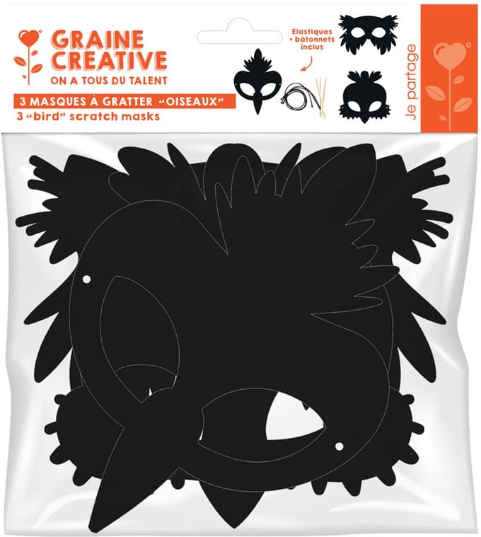 GRAINES CREATIVES - 3 platte krasmaskers van karton met vogels en elastieken