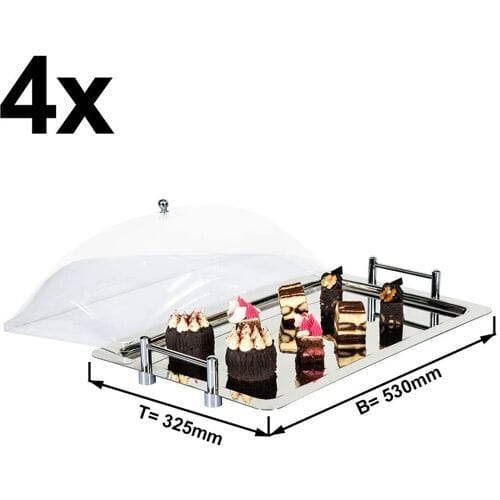 GGM Gastro (4 Stück) GN-Tablett 1/1 - Edelstahl - mit transparenter Cloche Zilver / Transparant