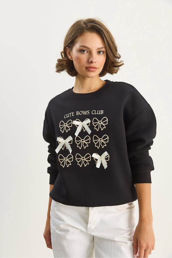 Geribbelde Bedrukte Ronde Hals Lange Mouwen Sweatshirt