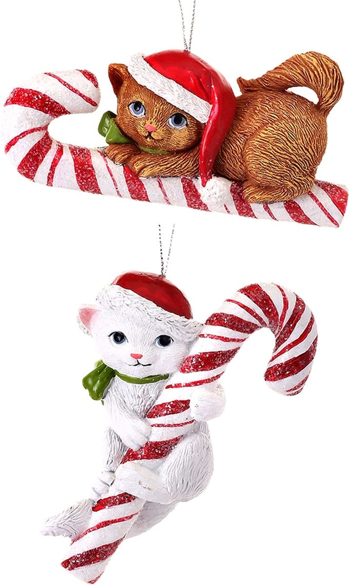 Viv! Christmas Kerstornament - Kittens met Zuurstokken - set van 2 - wit rood - 10cm
