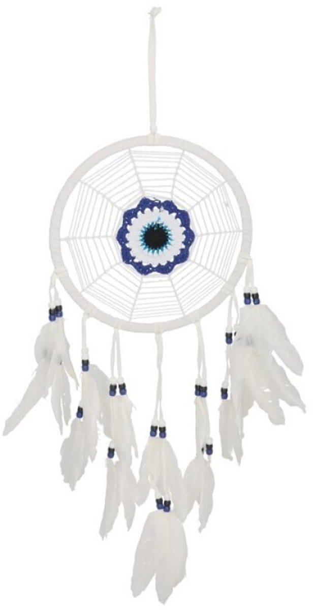 Gerimport Dromenvanger/dreamcatcher - mobiel - wit - veertjes/kraaltjes - 22 cm