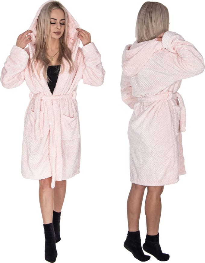 Springos Badjas - Fleece - Roze - Capuchon - Riem - Maat L/XL