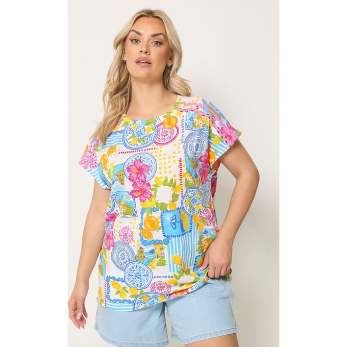 Yours Wit Tshirt Met Tegeldruk En Sierrand Size 50-52