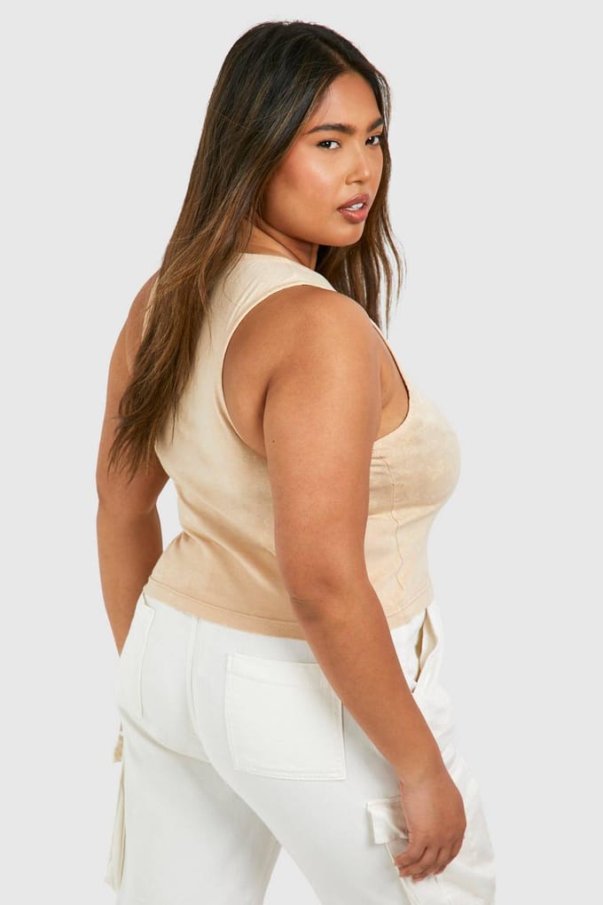 boohoo Dames Plus Washed Geribbelde Racer Vest | Taupe | Maat: 56