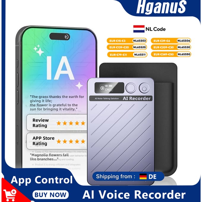 Hganus Draagbare AI Spraakrecorder met App-besturing, 64GB opslag, AI Transscriptie/Samenvatting, ChatGPT-4 App, Telefoon, BT 5.3