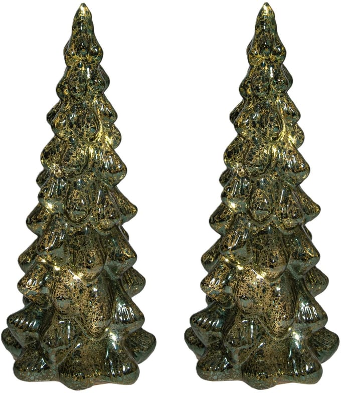 Anna's Collection Kerstboom beeldje - 2x - groen - met LED licht - 25 cm - glas - decoratie