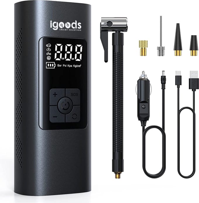 Igoods Elektrische Luchtpomp - Bandenpomp - Fietspomp met drukmeter - Autopomp met drukmeter - 6000mAh