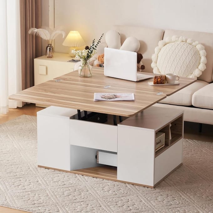 Opklapbare multifunctionele salontafel - tafelblad opent tot 2 tafels, grote capaciteit, moderne woonkamermeubels (wit)