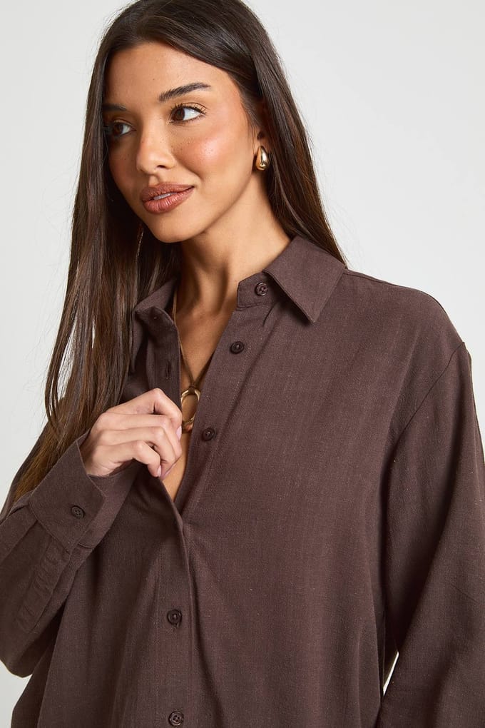 boohoo Dames Premium Linnen Oversized Shirt | Espresso | Maat: 34