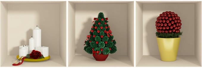 Sticker met kerstboom en kaars in 3D-effect, 30 x 90 cm