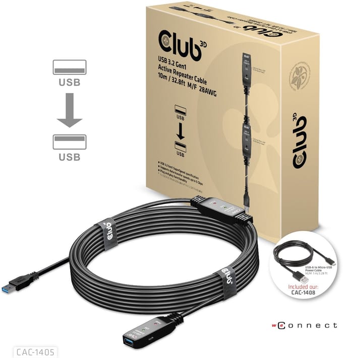 Club 3D USB-A 5Gbps actieve versterkerkabel 10m / 32.8ft M / F 28AWG
