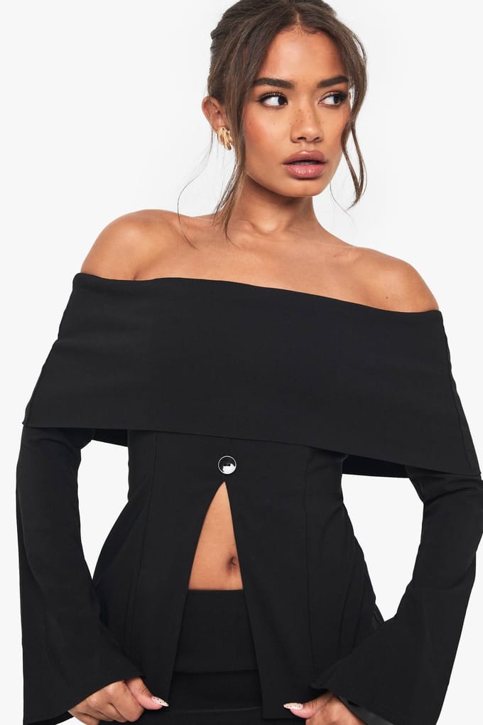 boohoo Dames Bengaline Omgesteegde Bardot Belmouw Lange Top | Black | Maat: 6