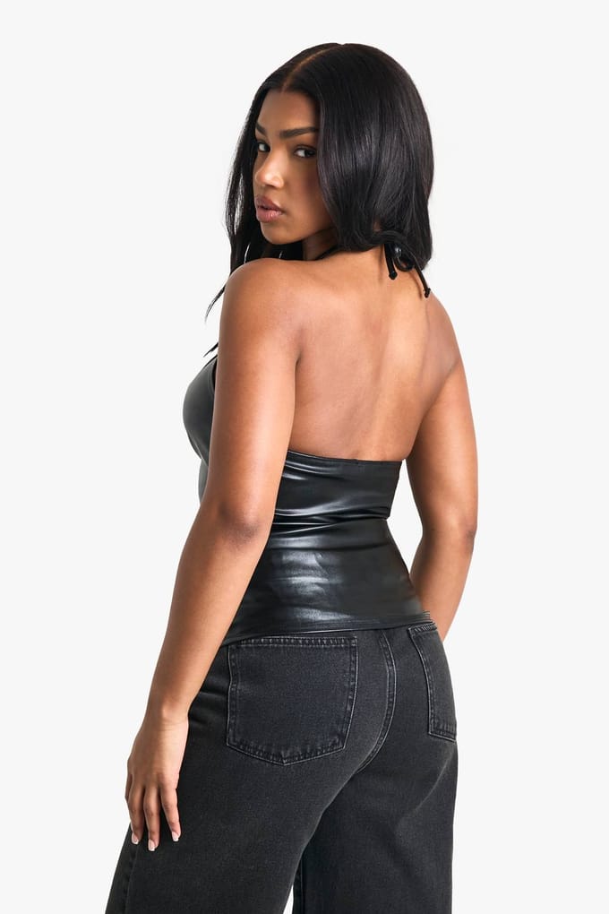 boohoo Dames PU Halterneck Corsagedetail Top | Black | Maat: 10