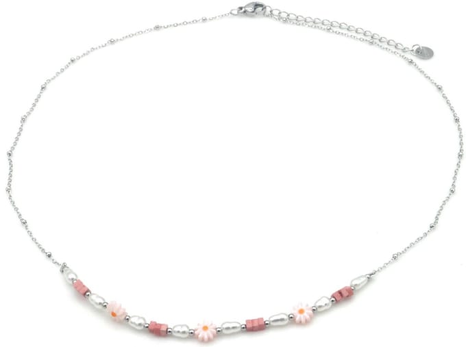 Damesketting – RVS – Bloemen Design – Zilverkleurig – 40-45cm