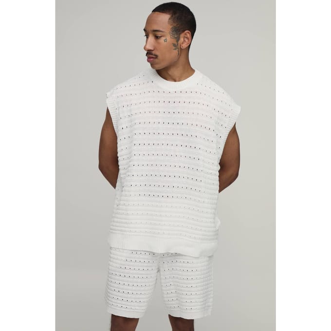 Oversized Open Steek Katoenmix Gebreide Tanktop En Short Set | Ecru | Size Medium